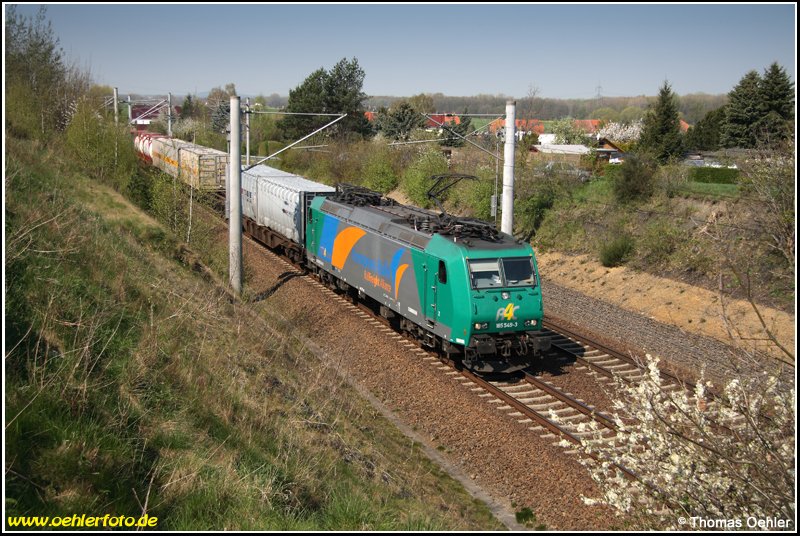185 549 von Rail4Chem ist am 24.04.08 mit einem gemischten Gz bei Canitz in Richtung Riesa unterwegs.