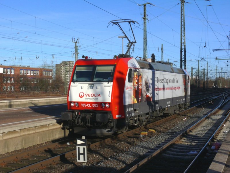 185-CL 003 der Veolia Transport am 25.1.2009 ber der durchfahrt des Dortmunder Hauptbahnhofs 
