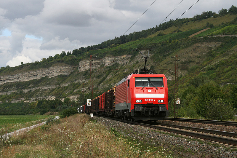 189 018 mit einem Holzzug am 29.08.2009 im Maintal bei Th�ngersheim.
