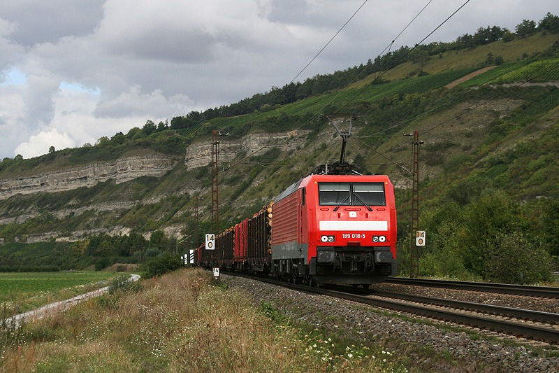 189 018 mit einem Holzzug am 29.08.2009 im Maintal bei Thngersheim.