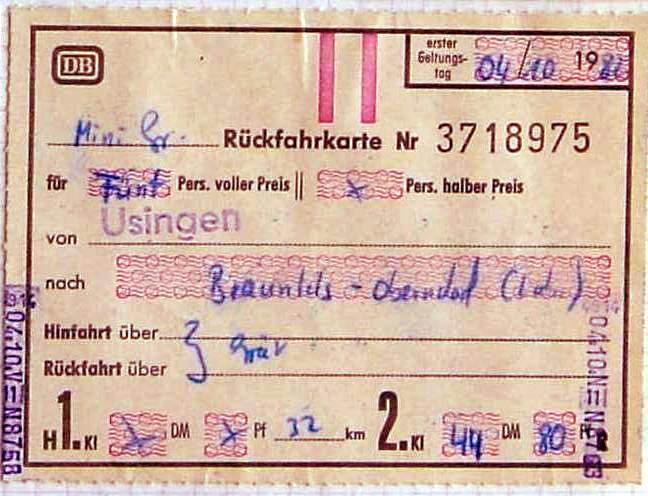 2. Klasse Mini-Gruppen Rckfahrkarte (5 Personen) von Usingen nach Weilburg ber Grvenwiesbach und Wetzlar vom 4. Oktober 1982 fr DM 44,80