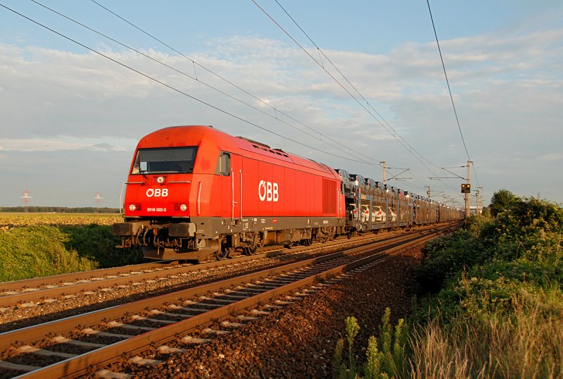 2016 022 befrdert den Auto-Ganzzug 46660, welcher in jngster Zeit fast immer zwischen Bratislava und Wien Zentralverschiebebahnhof mit einer 2016er bespannt wird. Die Aufnahme entstand am Abend des 02.09.2009 kurz nach Gramatneusiedl.