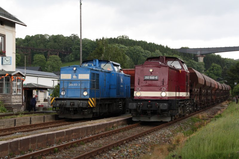 204 013-3 der PRESS und 202 646-6 der DB Erzgebirgsbahn treffen sich am 28.05.09 im Bahnhof Markersbach. 