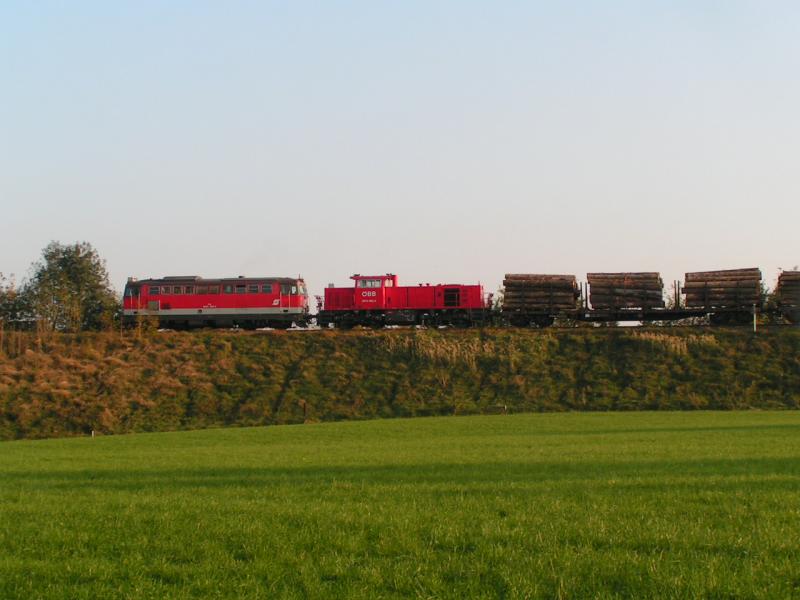 2043 063-3 und 2070  mit Rundholzgterzug kurz nach der Bahnhofsausfahrt RIED 2005-10-13