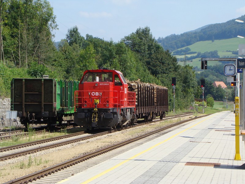 2070 045-6 mit Holztransport Gterwagen in Bahnhof Traisen.27.07.2009