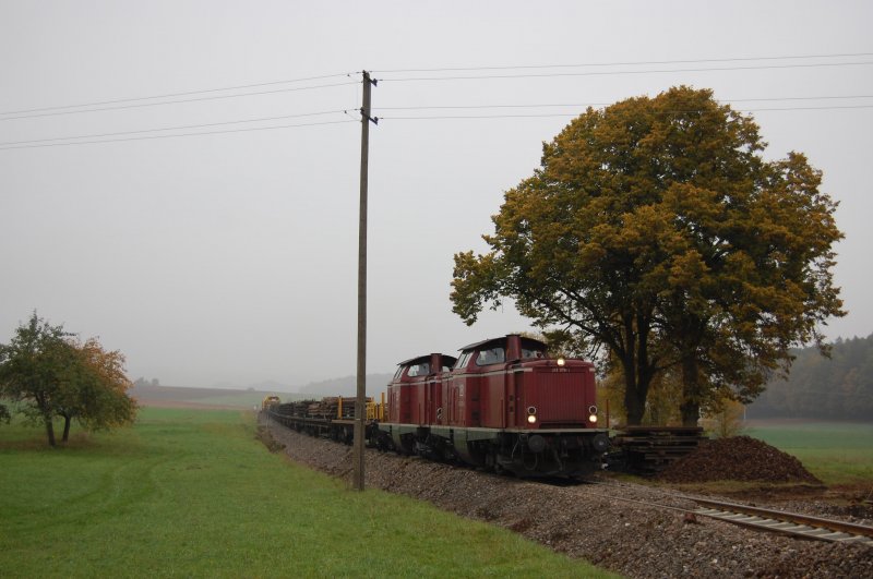 212 370 + 212 047 bringen am 11.10.2008 den Schnellumbauzug samt Schwellenwagen nach getaner Arbeit wieder zur�ck nach Amberg, damit er in den n�chsten Tagen wo anders eingesetzt werden kann. Leider hat sich an diesem Tag der Nebel ziemlich z�h gehalten, hier bei Mimbach. (Strecke Amberg-Schnaittenbach)