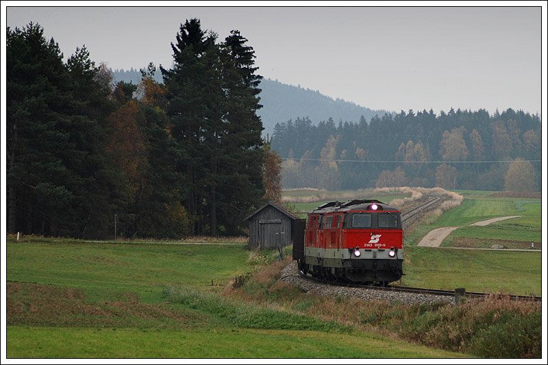 2143 069 und 2143 055 mit dem VG 73152 von Schwarzenau nach Martinsberg am 16.10.2008 kurz nach Waldhausen aufgenommen.
