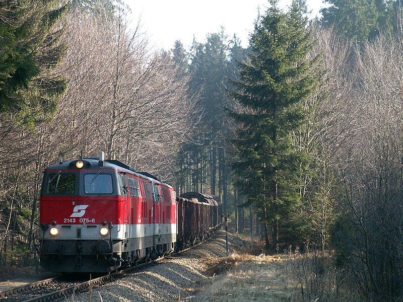 2143 075 und eine weitere 2143 waren am 20.2.2008 im Tandem als Verschubreserve ausgehend von Martinsberg-Gutenbrunn eingeteilt. Die weitere Fahrt fhrte nach Waldhausen bzw. Kleinschnau und Zwettl. Auf dem Bild ist dieses Gespann bei der Einfahrt in Kleinschnau zu sehen.