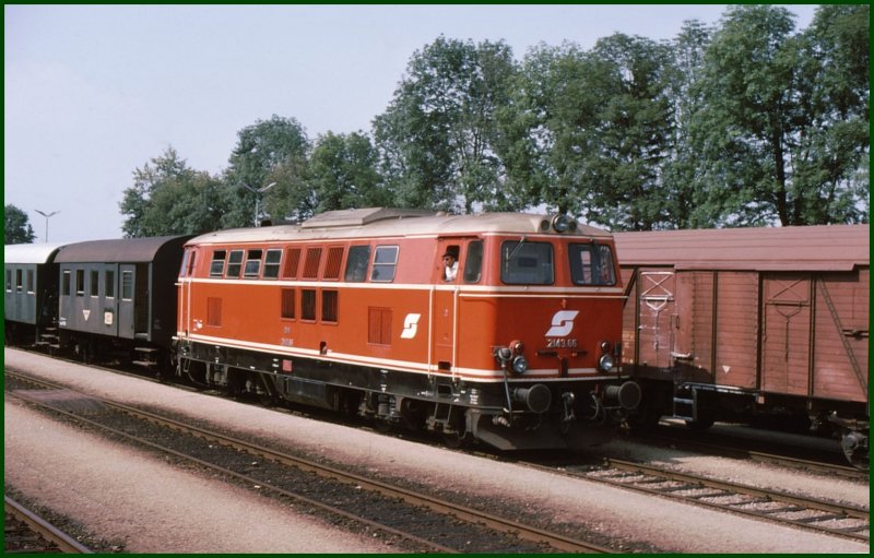 2143.66 wartet mit ein paar Donnerbchsen in Gmnd auf die Rckfahrt nach Wien Franz Josefs Bahnhof. (Archiv 09/75)
