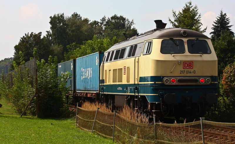 217 014 hngt hier an der Rckleistung des Wacker-Shuttles am Nachmittag. Aufgenommen am 28.08.09 bei Heiligenstatt.