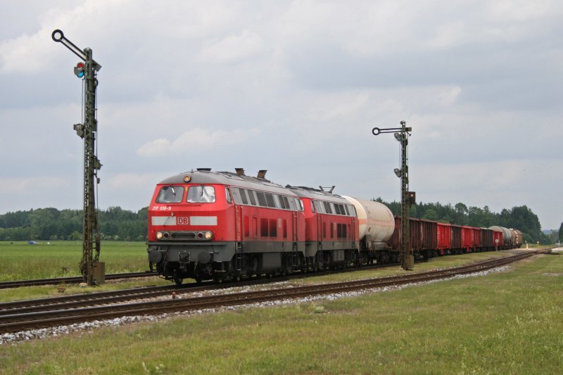 217 019 + 011 mit dem gemischten Gterzug 56521 Richtung Burghausen am 04.06.2009 in Tling.