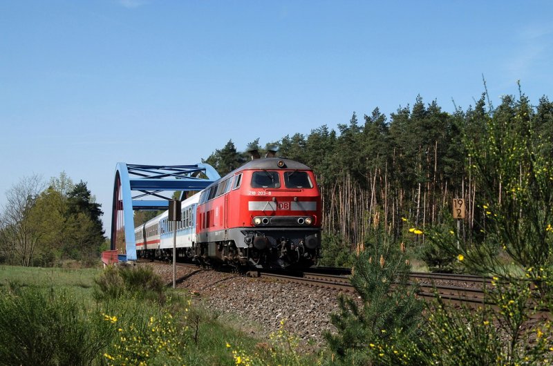 218 203 mit RE 453 bei Neunkirchen am Sand (21.04.2007)