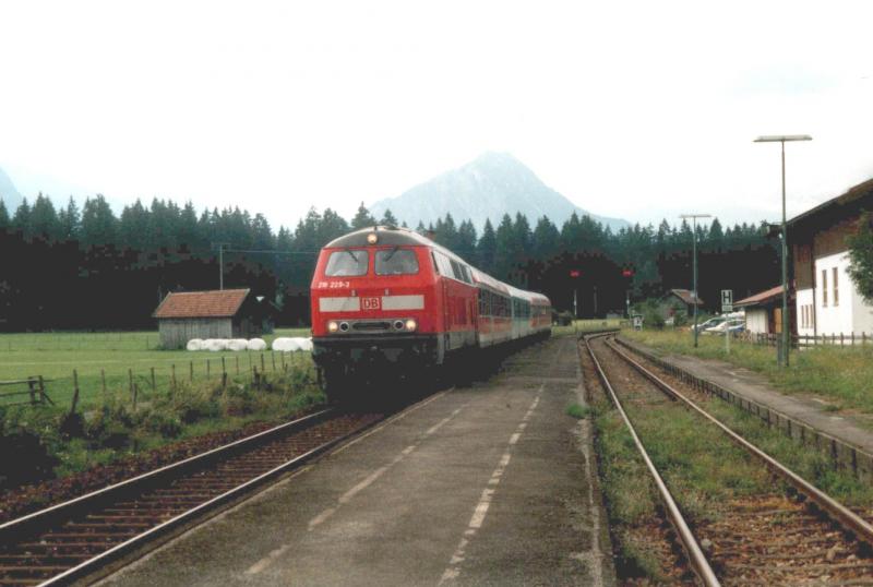 218 229 fhrt mit einem RE von Oberstdorf nach Ulm am 18.8.03 in den kleinen Bahnhof Langenwang im Allgu ein.