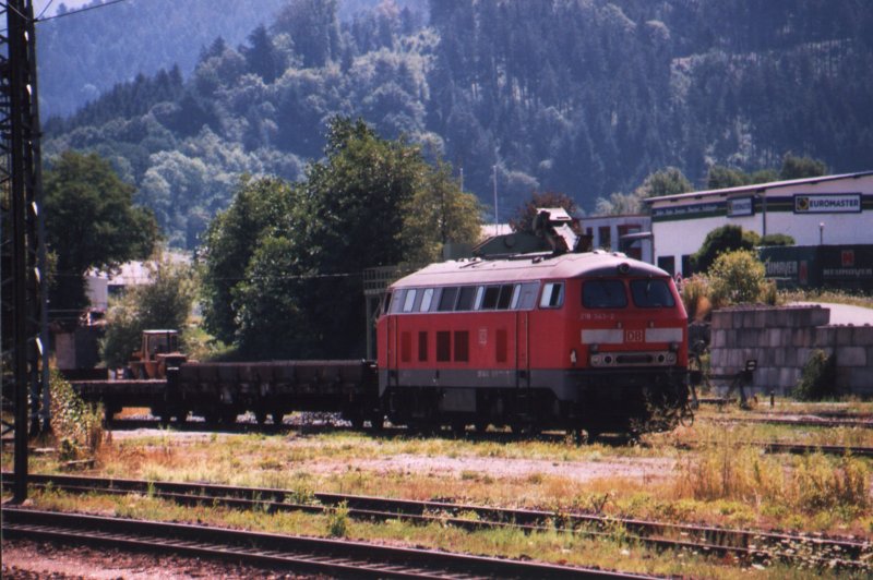 218-343 aus Haltingen, steht hier mit einer kleinen Gterbergabe
in Hausach (Schwarzwaldbahn) um in krze durch das Kinzigtal nach Offenburg aufzubrechen. Sommer 2006 

