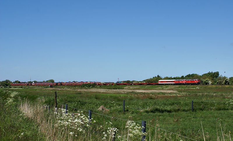 218 362-2 und 218 313-5 am 23.05.2009 mit einem Autzug nach Niebll zwischen den Bahnhfen Westerland und Keitum.