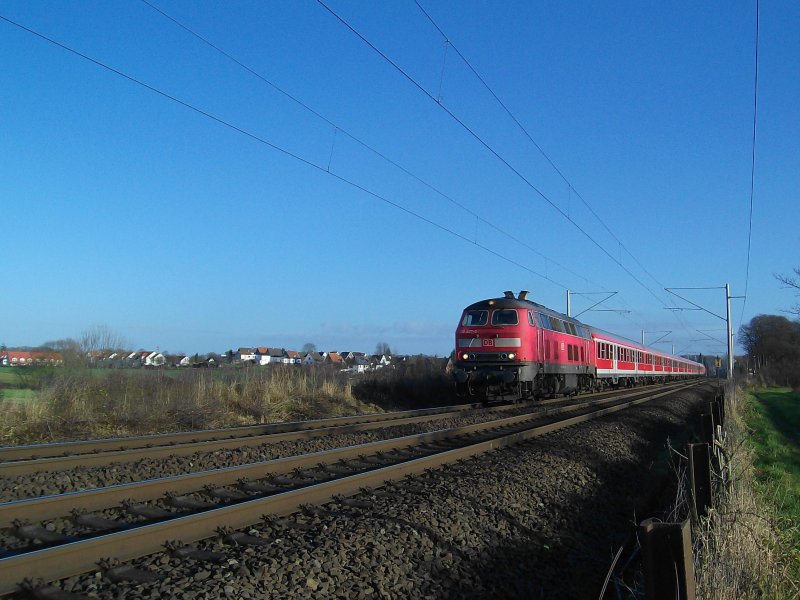 218 407-5 beschleunigt am 19.12.08 den RE 21417 Kiel Hbf - Hamburg Hbf nach der Ausfahrt aus Reinfeld (Holst.).
