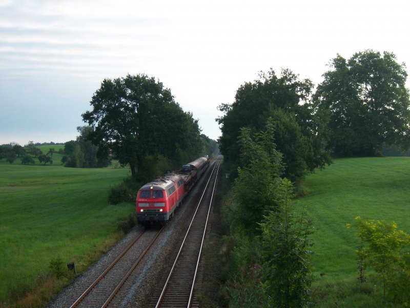 218 830 und eine weitere 218 mit einem umgeleiteten Nachtzug am 22.8.2008 bei Hergatz.