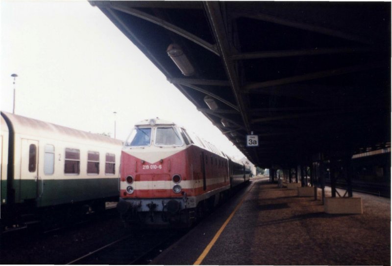 219 010-6 ist mit ihrer RB Bischofswerda-Grlitz abfahrbereit. Bischofswerda im Sommer 1997. 