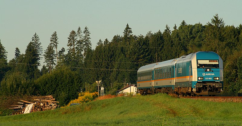 223 062 vom Arriva-Lnderbahn-Express fhrt mit einem lauten, langen und zweistimmigen Pfiff an der Fotografenmeute nahe des Ortes Hergatz vorbei. Gru zurck! 