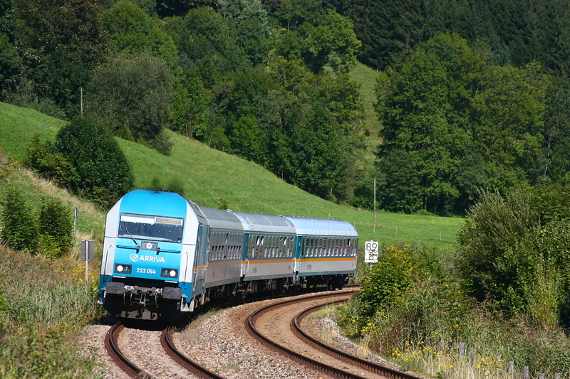 223 064 ist mit ihrem ALEX richtung Lindau unterwegs. Aufgenommen am 30.08.09 bei Bhl am Alpsee.