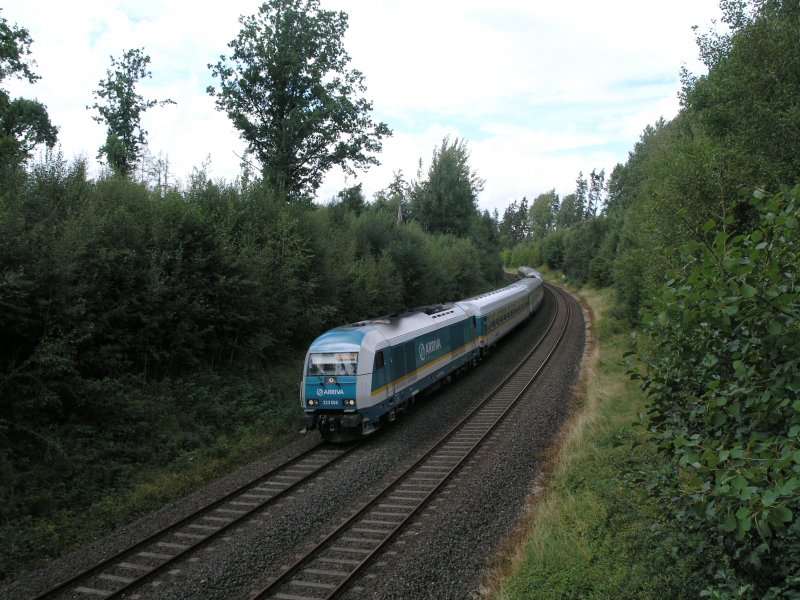 223 068 liegt mit dem Alex nach Mnchen in der Kurve bei Schnfeld,kurz vor Wiesau.Leider mit Fotowolke.08.08.08