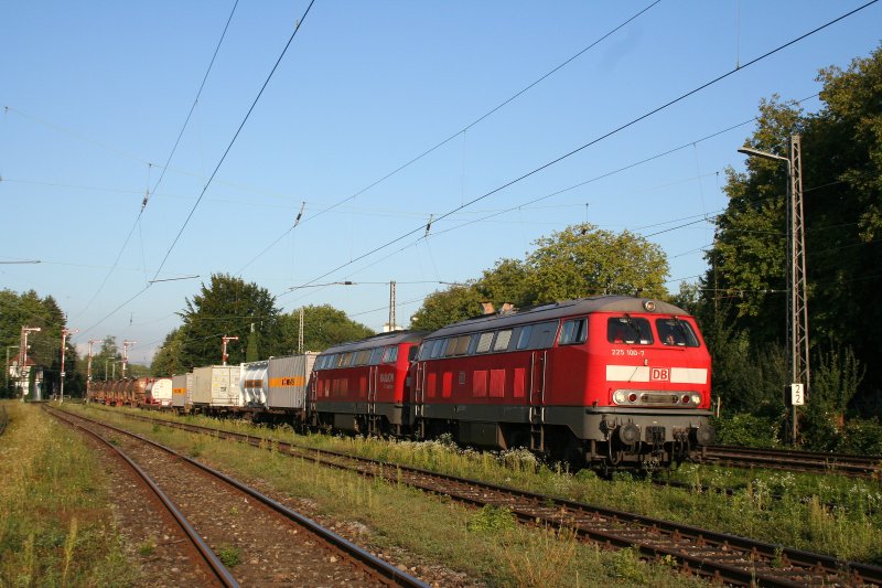 225 100-7 und und eine unbekannte 225 fahren mit ihrem Gterzug 43192 in Lindau-Reutin durch, sie fahren weiter bis Wolfurt (sterreich).d