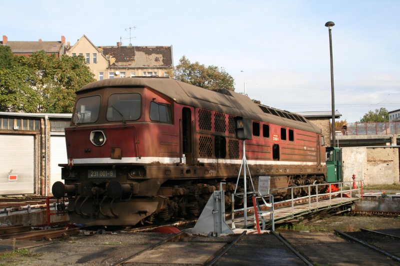 231 001 in Halle P am 21.10.2006.Leider sieht die Lok noch recht runtergekommen aus denn die Aufarbeitung wird sich noch ber viele Jahre hinziehen.