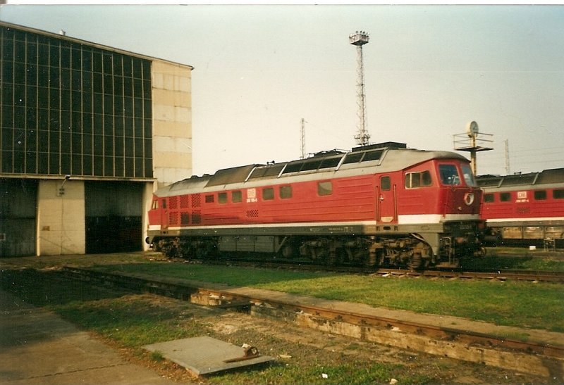 232 125 im September 1998 vor der Lokhalle im Bh Rostock Seehafen.
