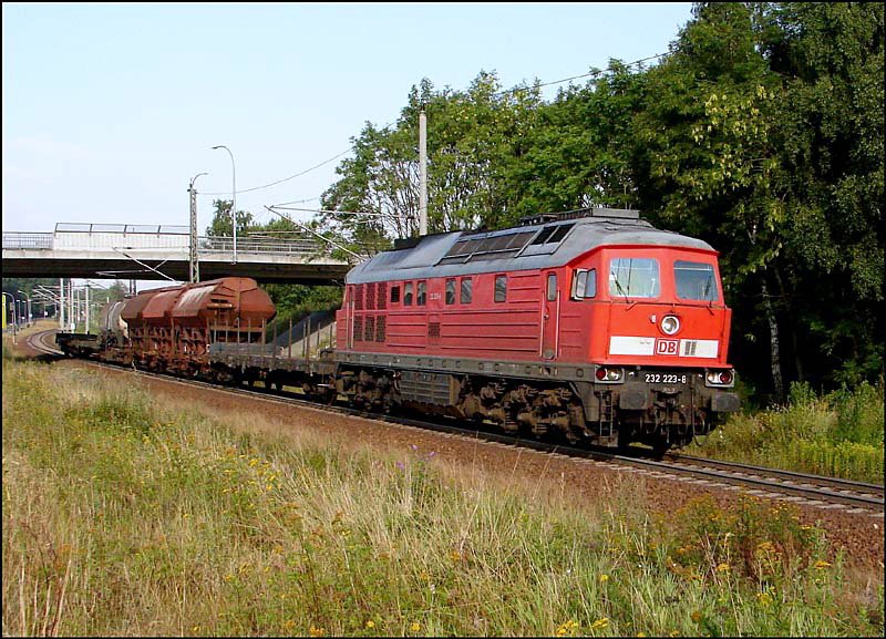 232 223-8 hat mit seinem Gterzug den Hbf Stralsund bald erreicht.--- noch ein Stck weiter ;-) (am 09.08.06)