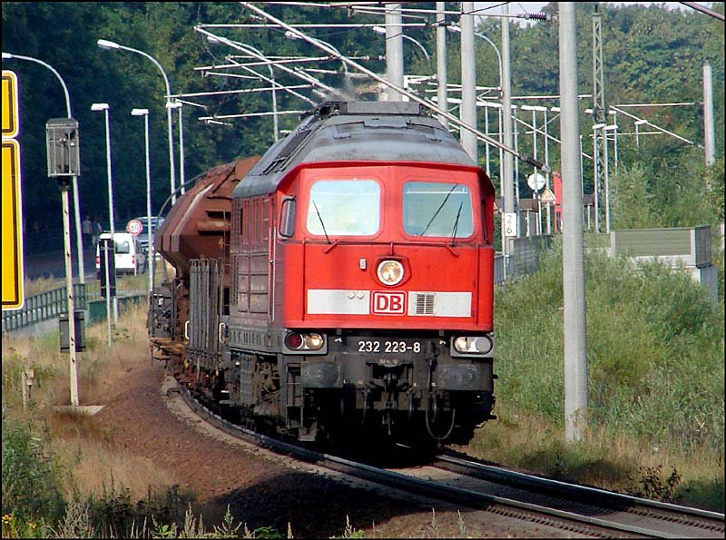 232 223-8 hat mit seinem Gterzug den Hbf Stralsund bald erreicht. (am 09.08.06)