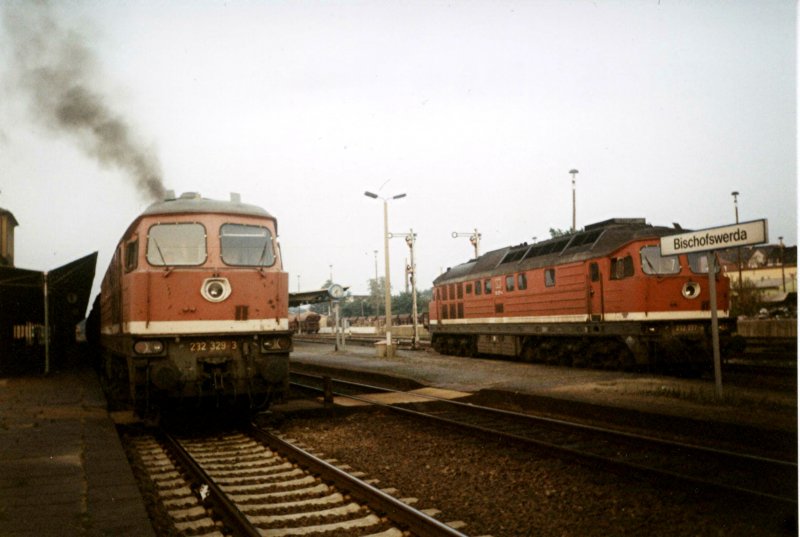 232 329-3 macht Dampf, als sie im Sommer 1995 ihren Gterzug neben 232 277-4 im Bahnhof Bischofswerda beschleunigt.