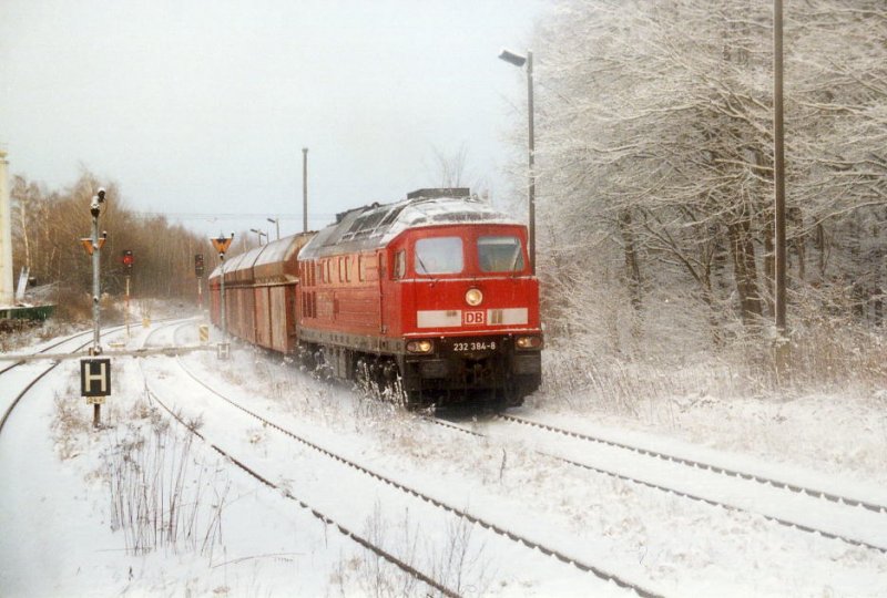 232 384 mit einem Vollpendel bei der Durchfahrt in Frohburg