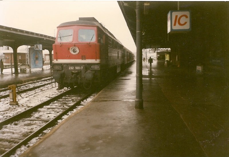232 501 mit der Regionalbahn nach Kiel im Rostocker Hbf im Januar 1997.