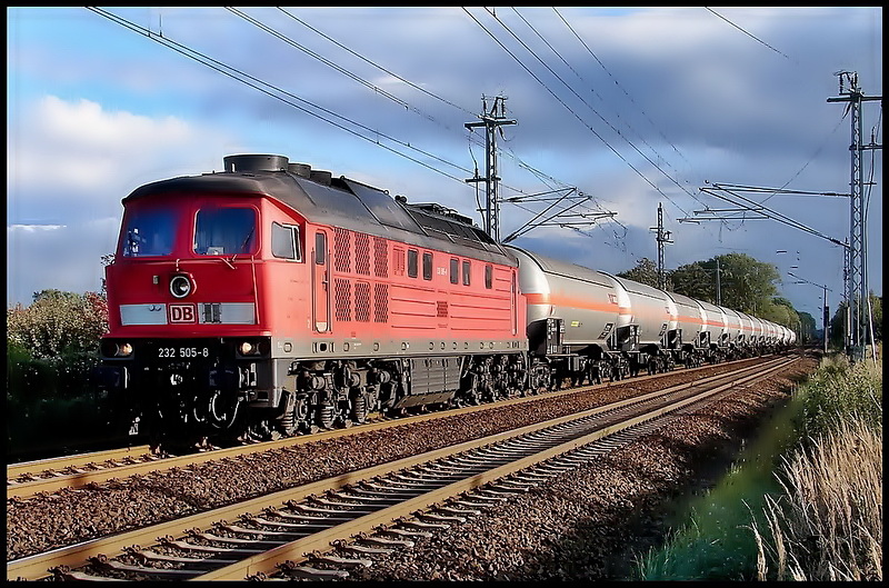 232 505-8 mit einem Kesselwagenzug aus Stendell.  Stralsund am 04.10.08 