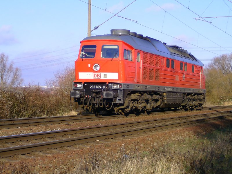 232 665 - 0 als Lz auf dem Rckweg aus dem Hamburger Hafen. Aufgenommen am 20.01.2009 in Hamburg - Moorburg.