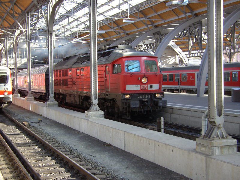 233 112-2 mit einem Gterzug passiert am 04.10.08 den Bahnhof Lbeck.