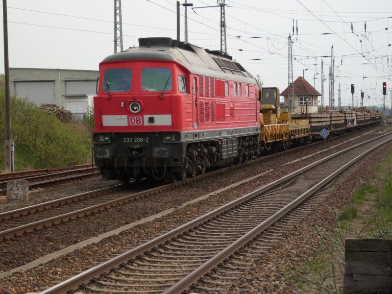 233 206 am 27.April 2009 vor einem Gleisbauzug im Einfahrbereich von Bergen/Rgen.