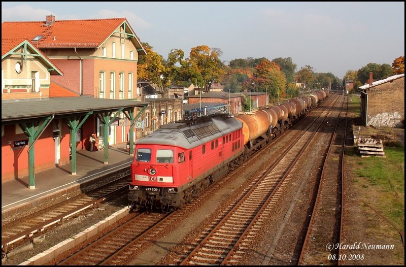 233 206 mit Kesselwagenzug aus Kostrzyn in Strauberg, 08.10.08.