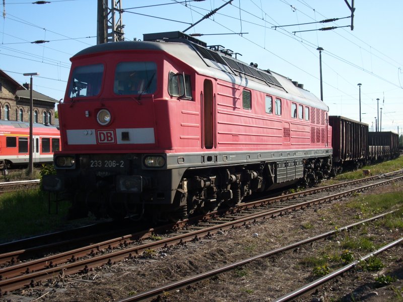 233 206 rangiert am 13.Mai 2009 in Bergen/Rgen einen kompleten Gterzug mit Wagen die z-gestellt sind.