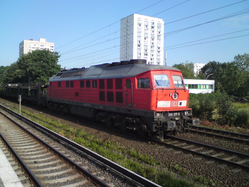 233 217-9 fhrt am 15.07. 2009 am S-Bahn Haltepunkt Neuwiedenthal vorbei. Am Haken hat sie einen Leerzug aus Autotransportwagen.