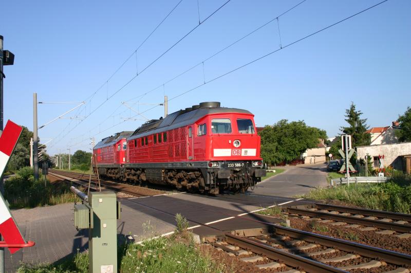 233 458-9 (vorne) und 233 586-7 (hinten) in Krielow am 01.08.2005