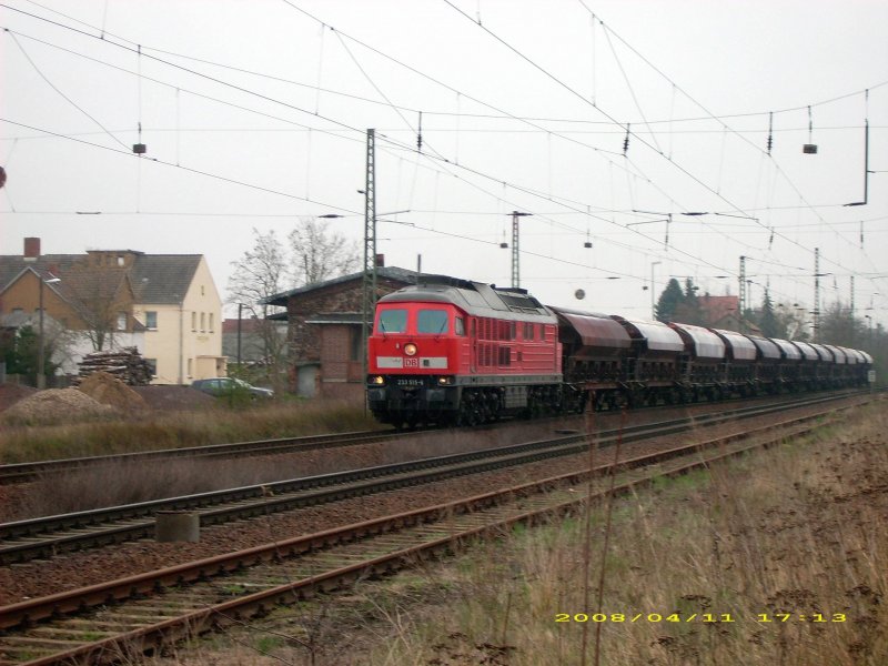 233 515 zieht am 11.04.08 einen Gterzug  aus Richtung Bitterfeld kommend durch den Bahnhof Raguhn.