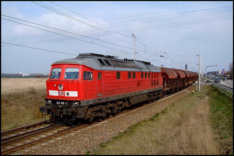 233 616-2 mit einem Dngemittelzug nach Poggendorf.   Stralsund B Langendorf am 08.04.09