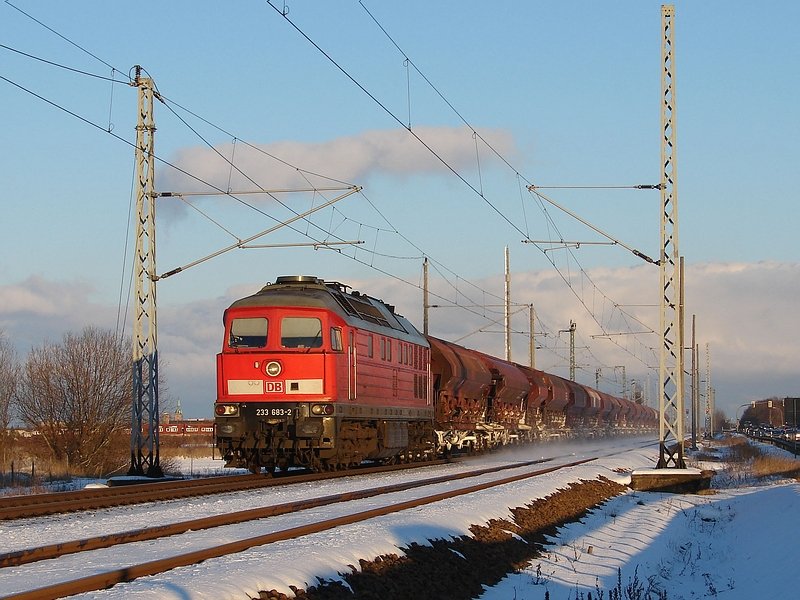 233 683 durchfhrt mit einem Dngemittelzug die Ausweichstelle Stralsund-Langendorf. (17.02.09)