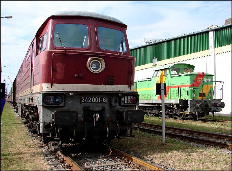 242 001-6 im Seehafen Stralsund. Die 242 wartet mit ihrem leerem Gipszug auf freie Ausfahrt.Im Hintergrund eine V60 der WAB (20). (am 05.08.06)