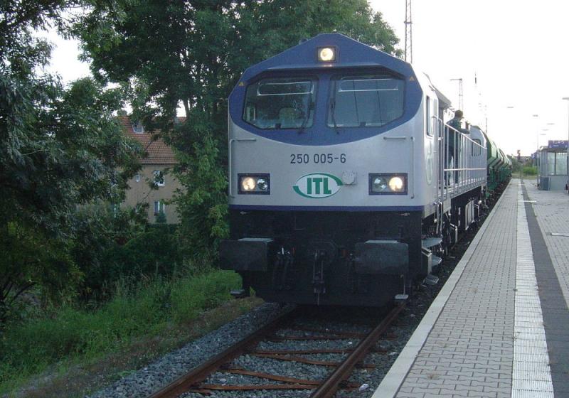 250 005-6 im August 2004 auf dem Bahnhof in Smmerda. Man beachte die Y-Stahlschwellen, welche in Smmerda auf Gleis 3 verlegt wurden.