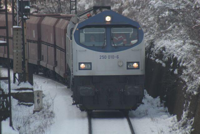 250 010 als Zuglok eines schweren Gterzuges am 24.02.2006 in Blankenburg/Westend.