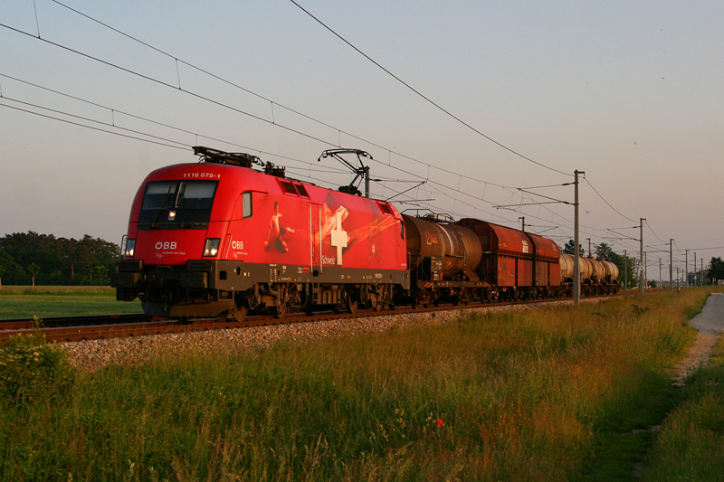 27.5.08 Die Schweizerin auf der Laaer Ostbahn. Auch sie verirrt sich einmal nach Laa an der Thaya. Im Sommer ergibt sich sogar die Mglichkeit den abendlichen NG 64206 von Kledering nach Laa an der Thaya zu fotografieren, heute war die 1116 075 dafr eingeteilt.