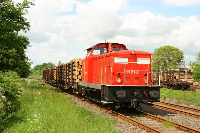 29.05.2006 345 119 steht mit dem Holzzug in Hagenow Stadt zur Abfahrt bereit