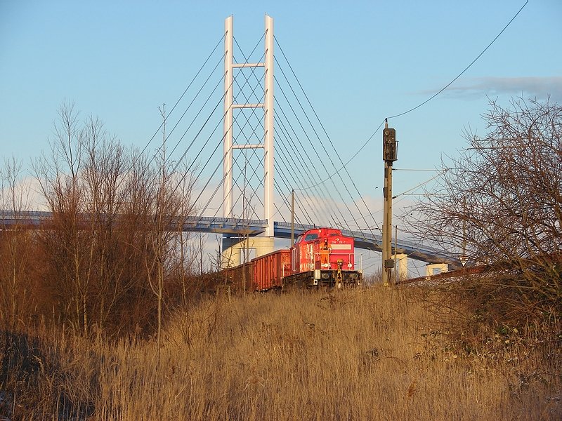 298 318 bringt gerade eine leere E-Wagengarnitur aus dem Hafen Stralsund hinauf zum Rgendammbahnhof. (05.01.09)
